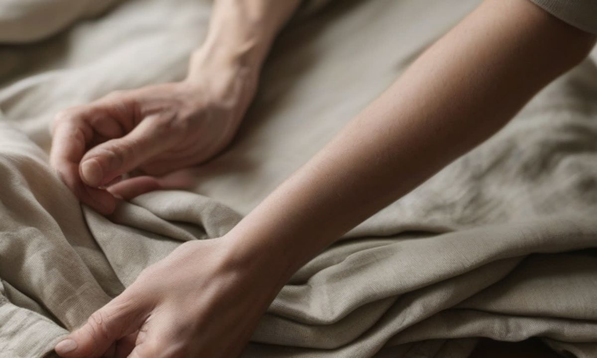 Hands sorting folds of fine linen fabric