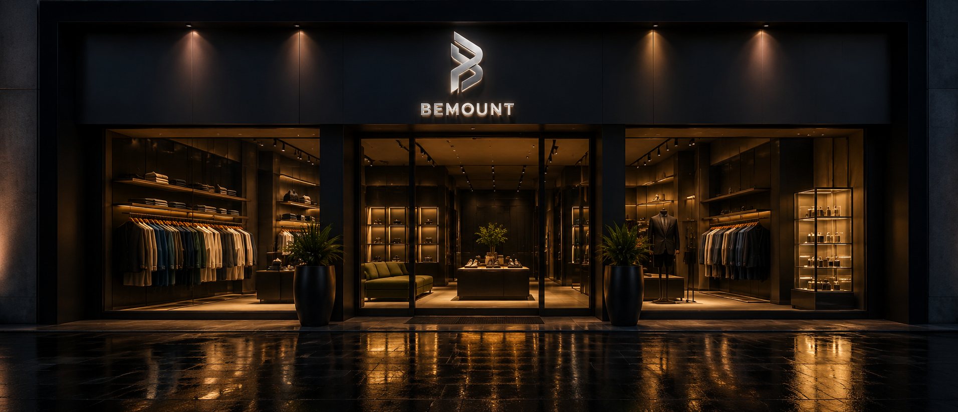 A Bemount storefront at dusk