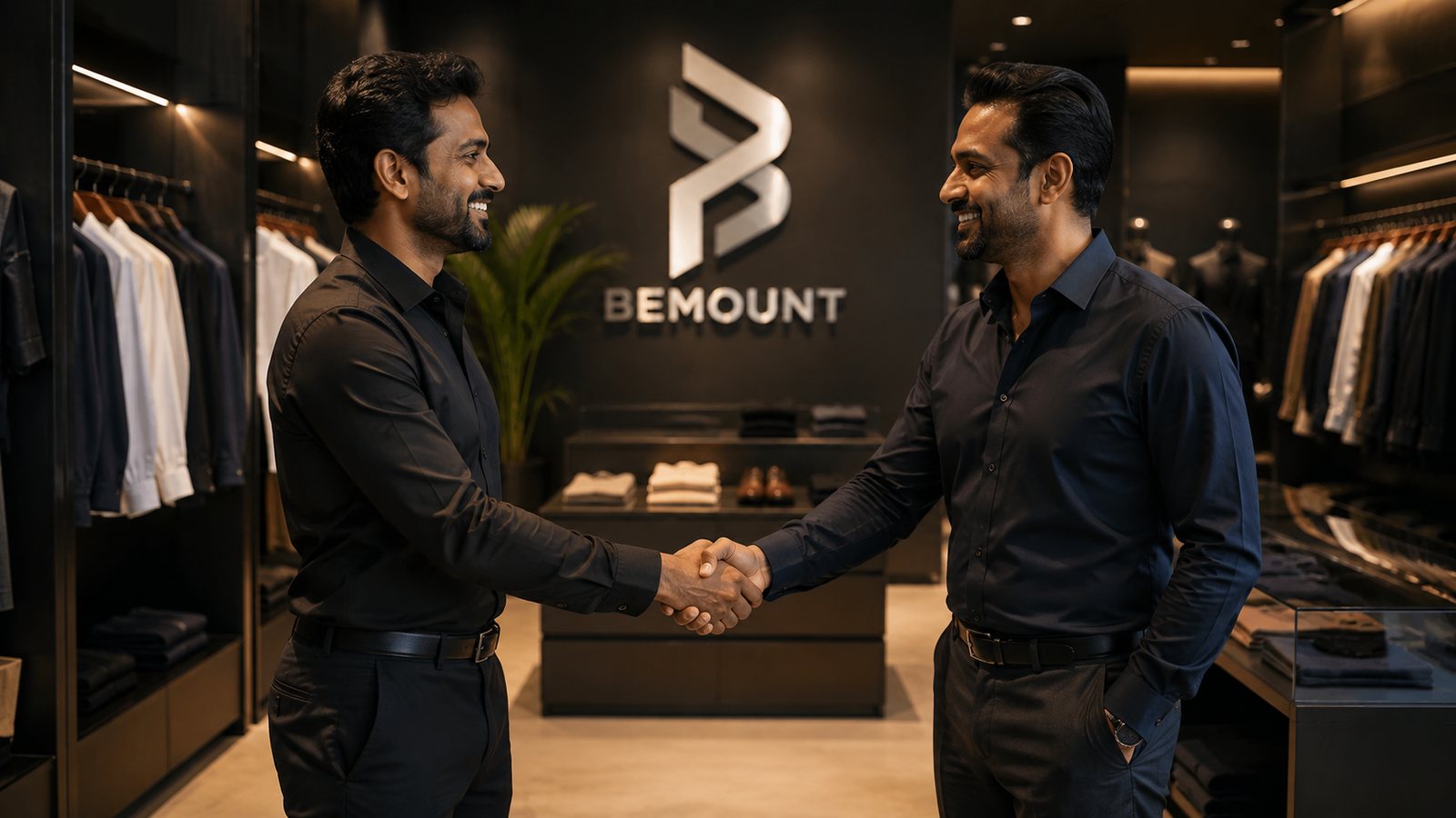 Two business partners shaking hands inside a Bemount store