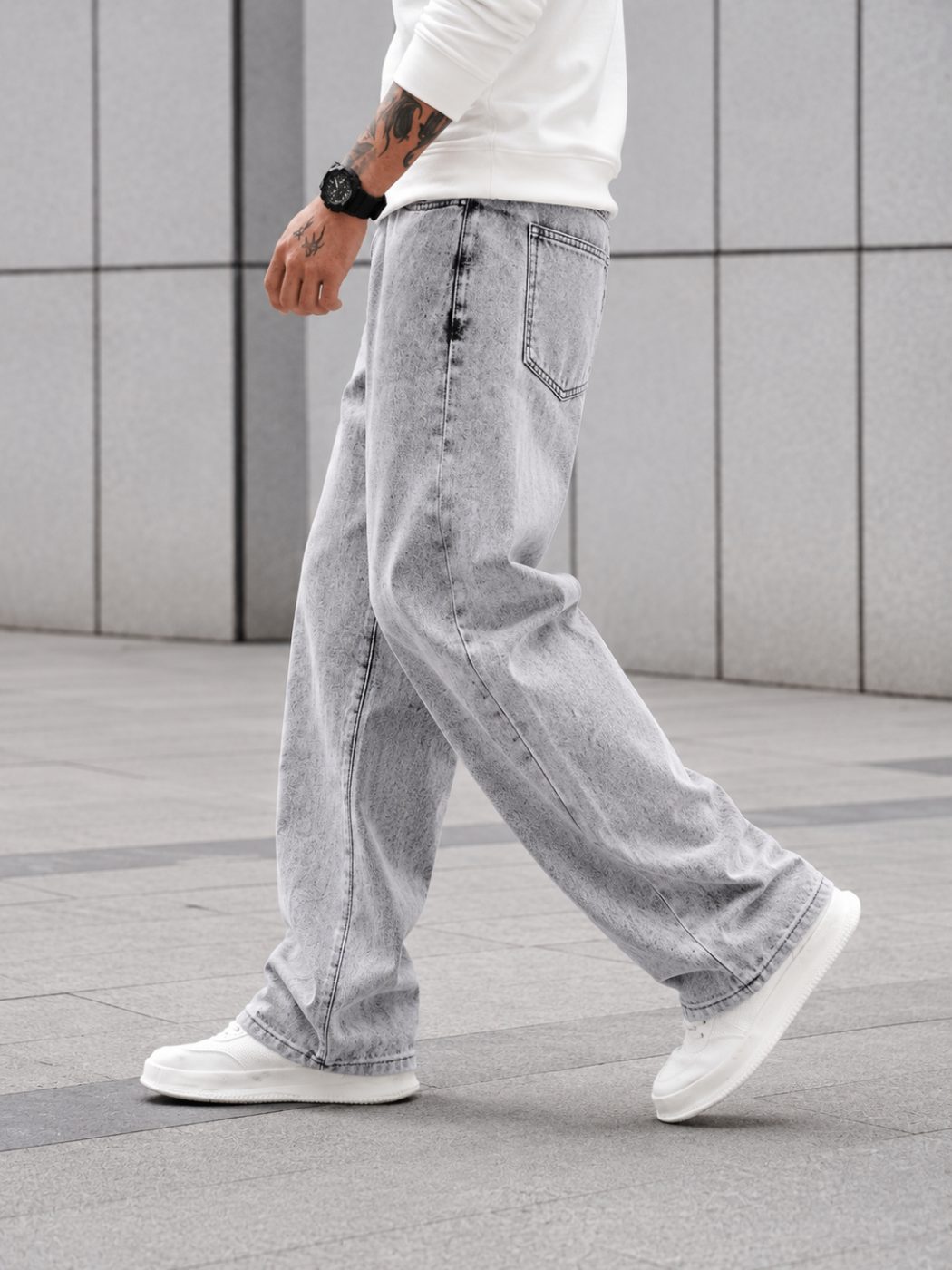 Bemount Bemount 90s Acid Trip Baggy Jeans in Acid Wash Grey, side view