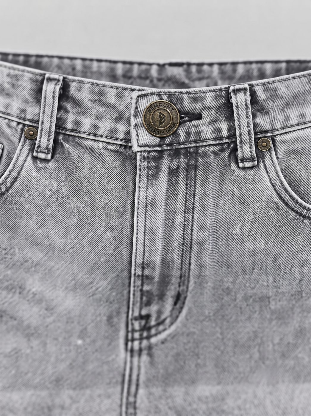 Bemount Bemount 90s Acid Trip Baggy Jeans in Acid Wash Grey, waist closeup view
