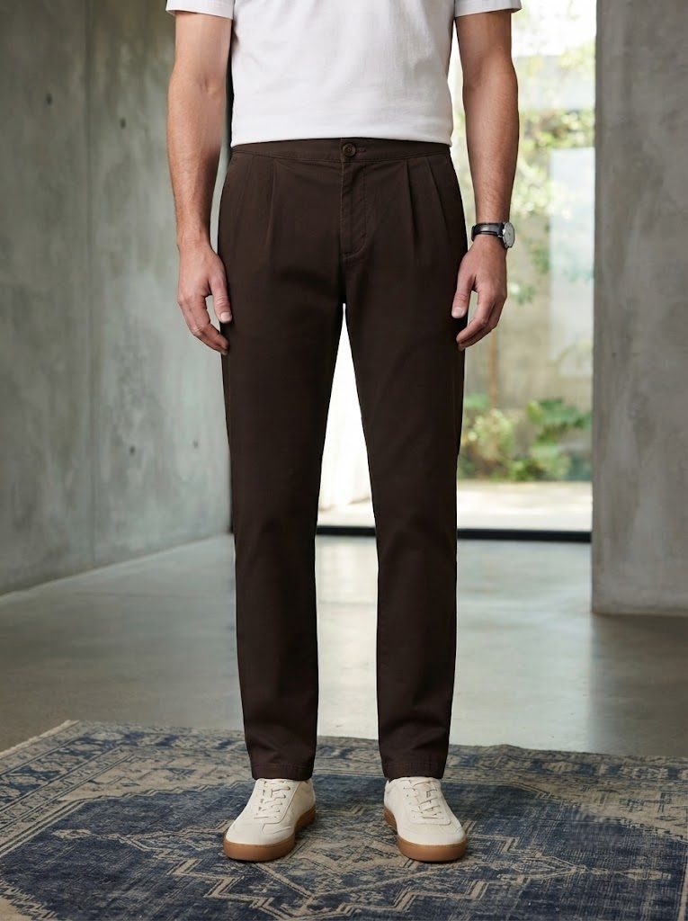 Pleated Dark Brown Chino, front view