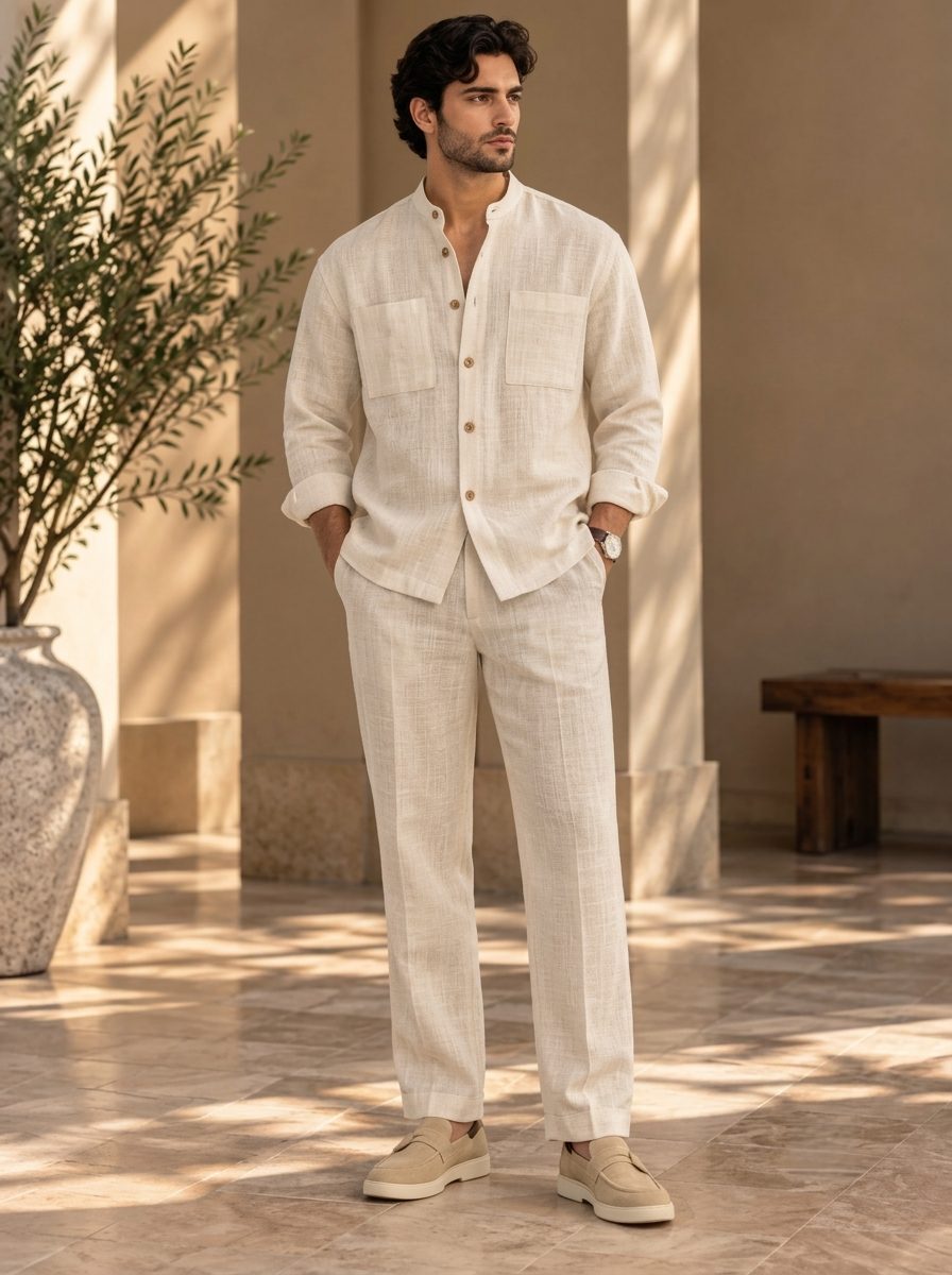 Bemount Arvan Mandarin Linen Co-ord Set in Ivory, front view