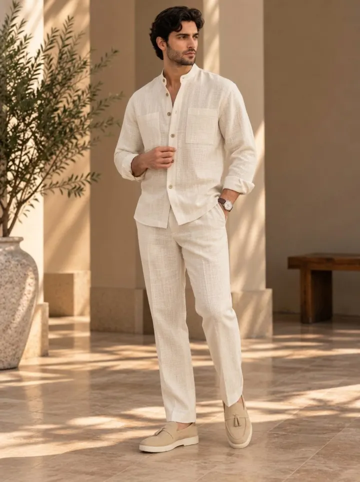 Bemount Bemount Arvan Mandarin Linen Co-ord Set in Ivory, three-quarter view