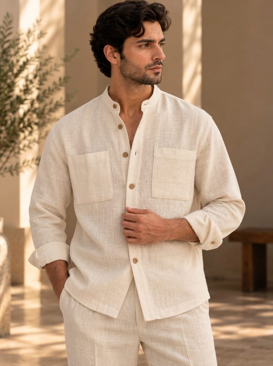 Bemount Arvan Mandarin Linen Co-ord Set in Ivory, close-up of the shirt
