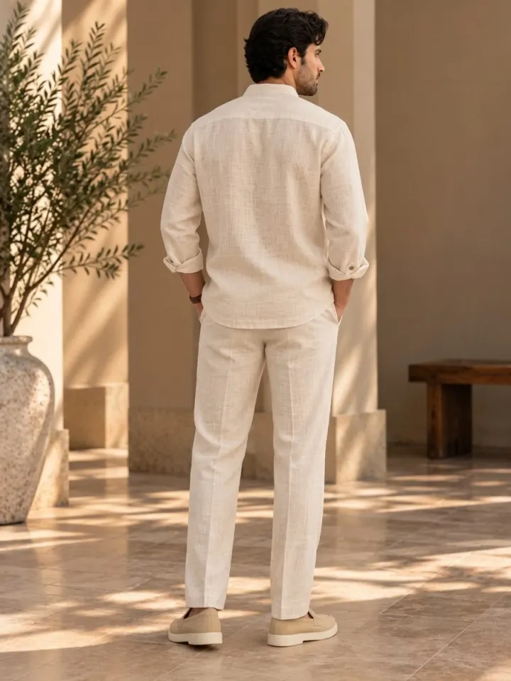 Bemount Bemount Arvan Mandarin Linen Co-ord Set in Ivory, back view