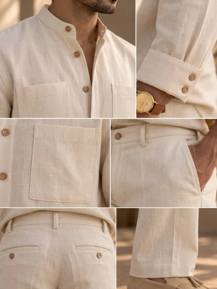 Bemount Bemount Arvan Mandarin Linen Co-ord Set in Ivory, collar, pocket, cuff and waistband details