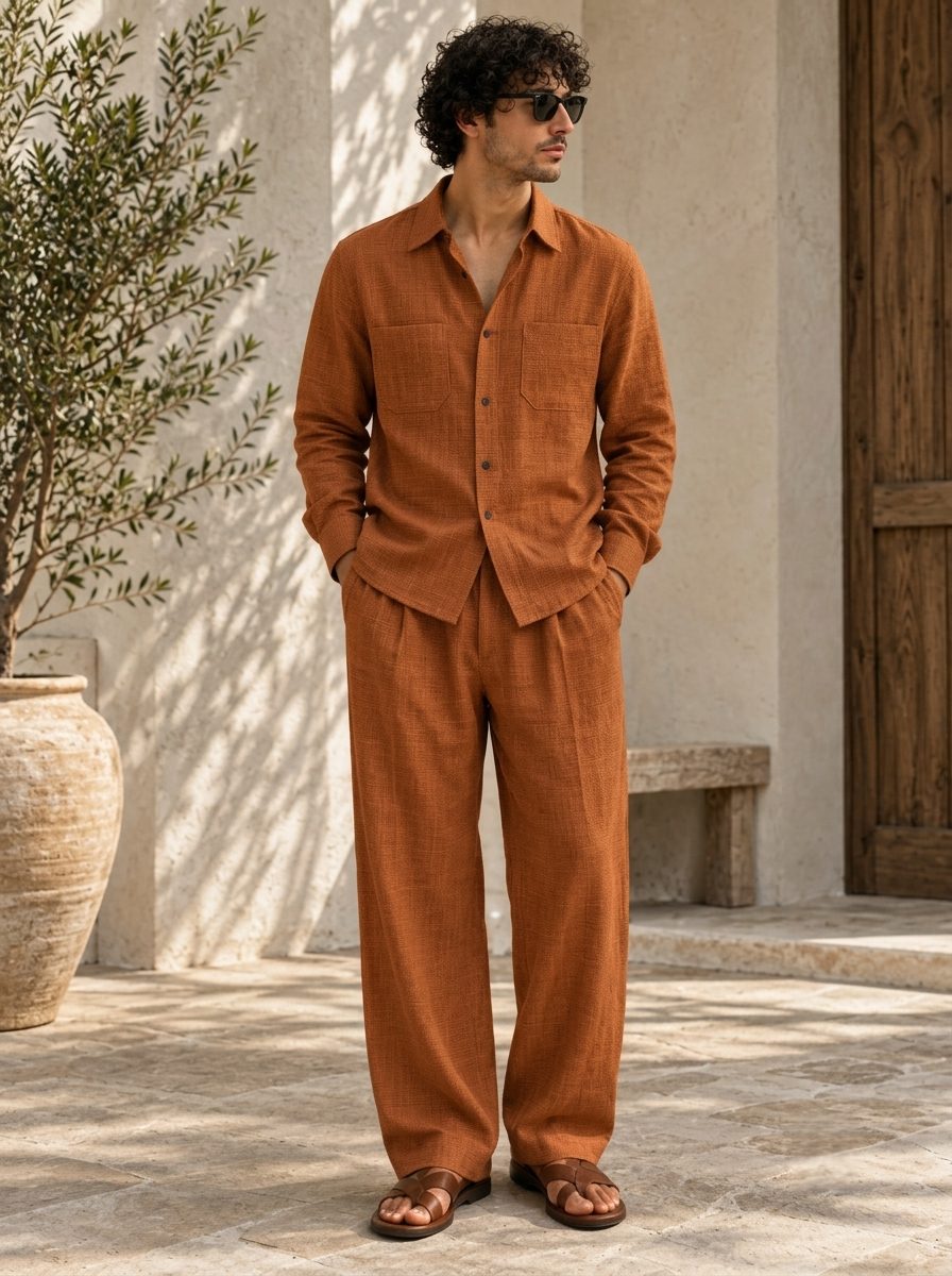 Bemount Aurelio Linen Co-ord Set in Burnt Rust, front view