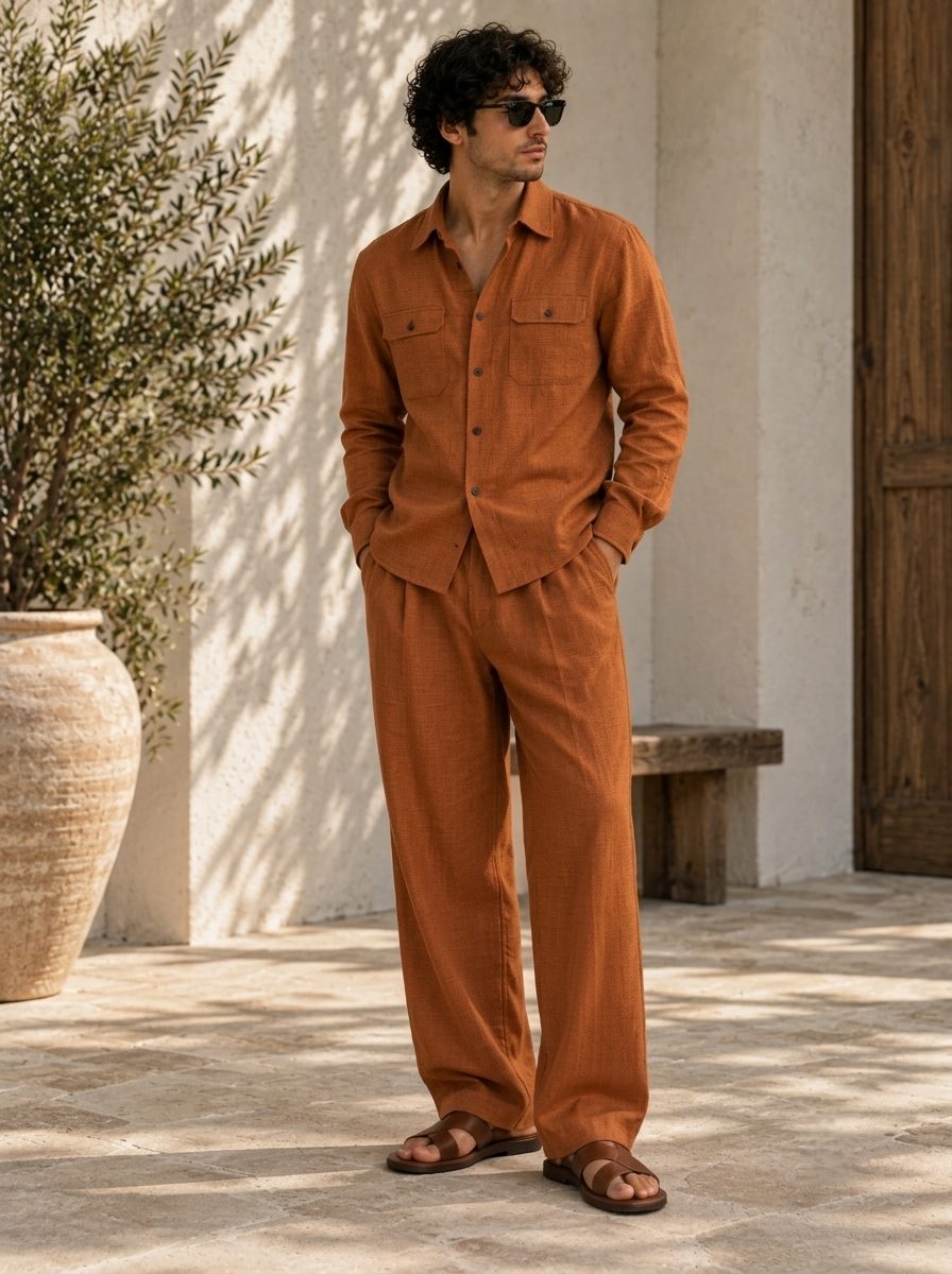 Bemount Aurelio Linen Co-ord Set in Burnt Rust, three-quarter view