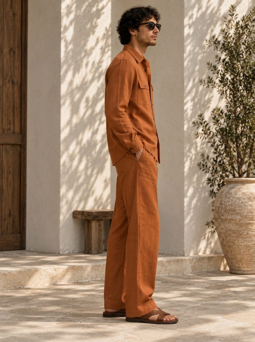 Bemount Aurelio Linen Co-ord Set in Burnt Rust, side view