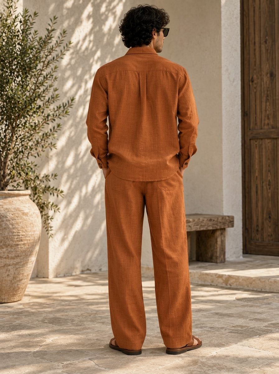 Bemount Aurelio Linen Co-ord Set in Burnt Rust, back view