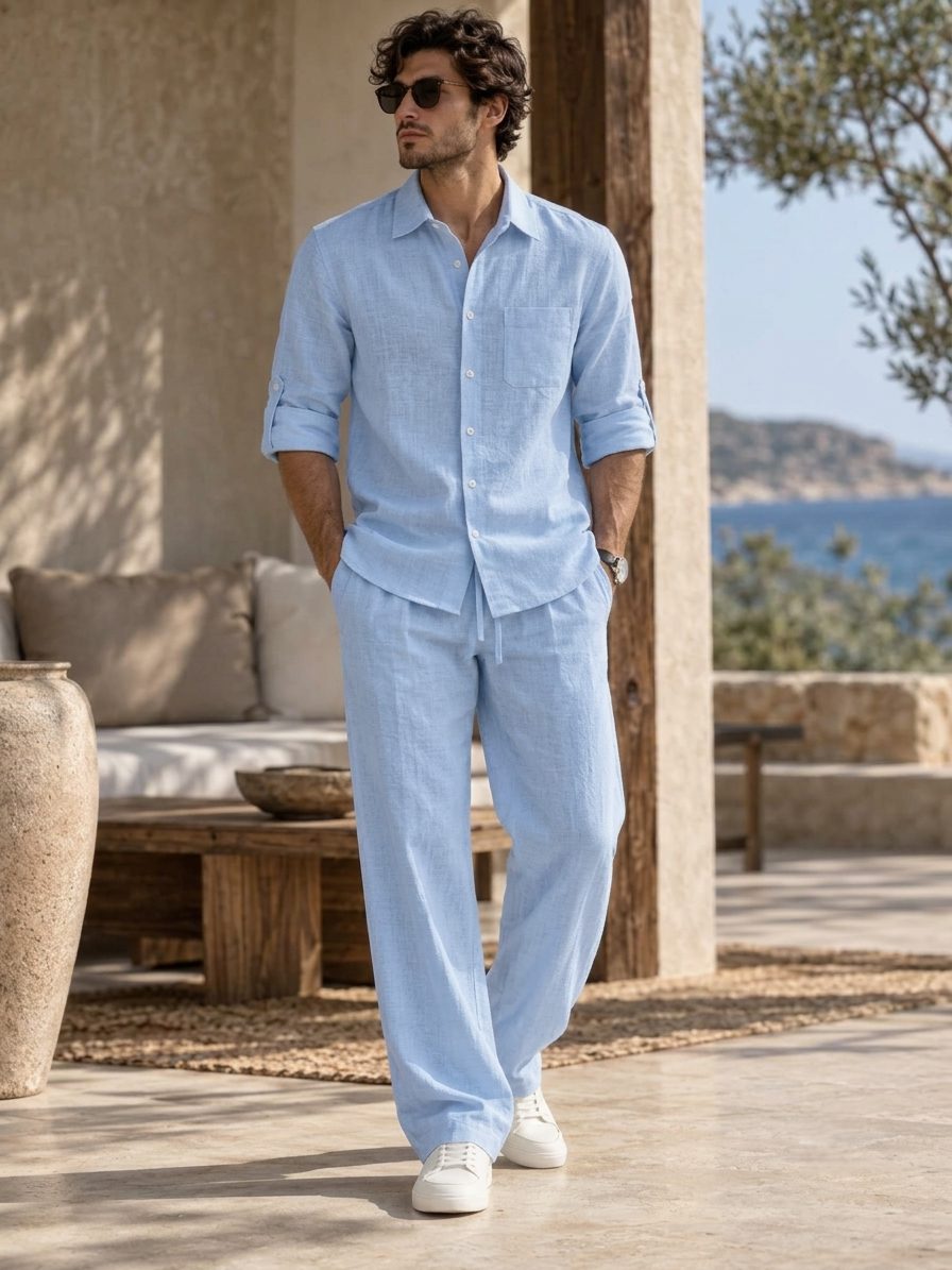 Bemount Auren Sky Linen Co-ord Set in Sky Blue, front view