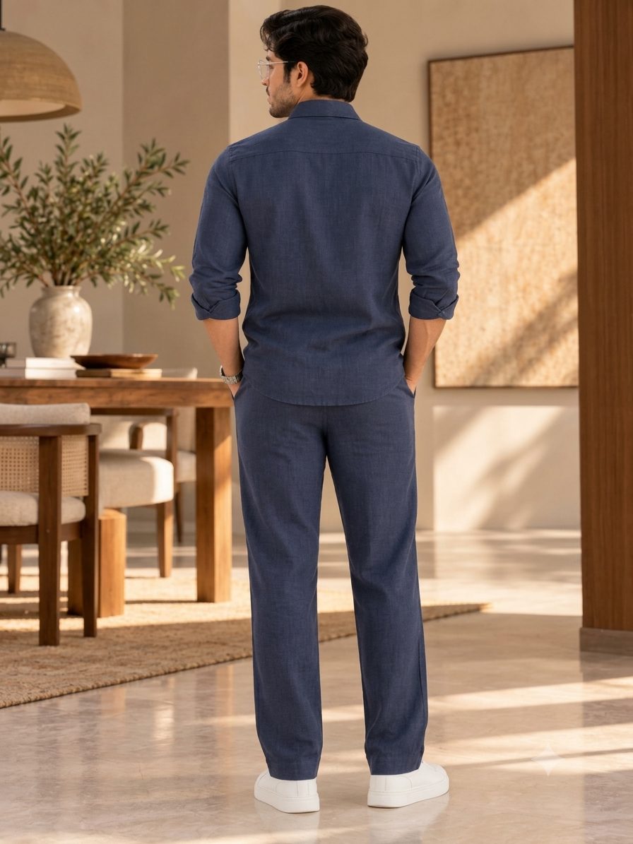 Bemount Midnight Sapphire Linen Co-ord Set in Midnight Navy, back view
