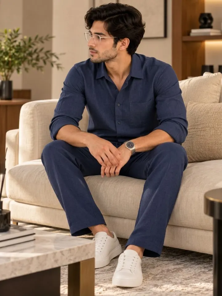Bemount Bemount Midnight Sapphire Linen Co-ord Set in Midnight Navy, seated view