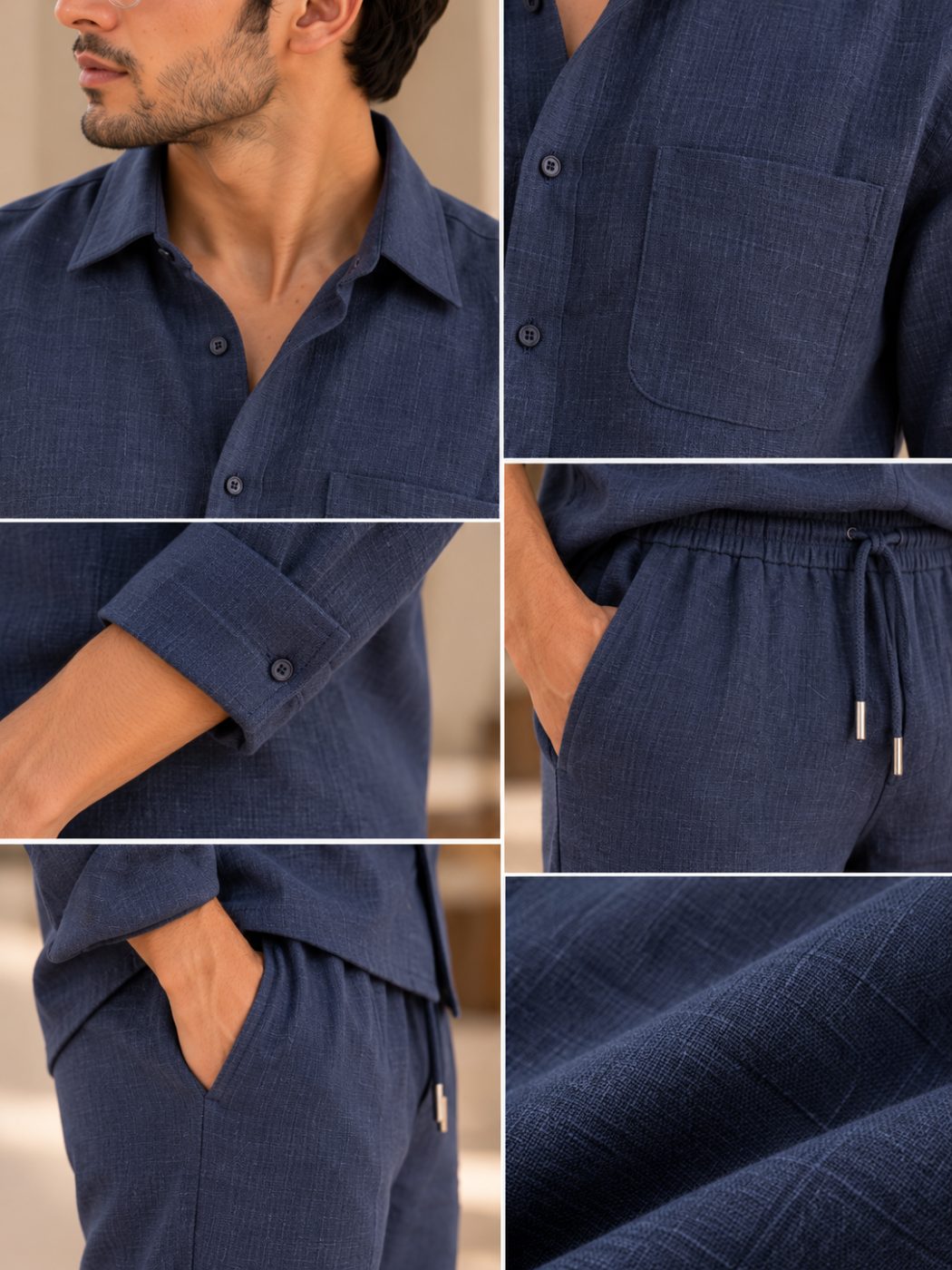 Bemount Midnight Sapphire Linen Co-ord Set in Midnight Navy, collar, pocket, cuff and drawstring details