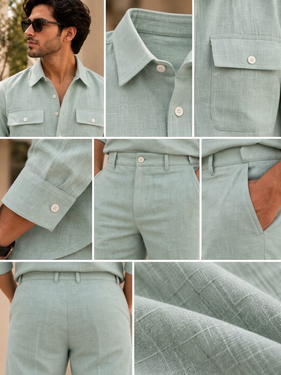 Bemount Mint Haven Linen Co-ord Set in Mint, collar, pocket, cuff and fabric details