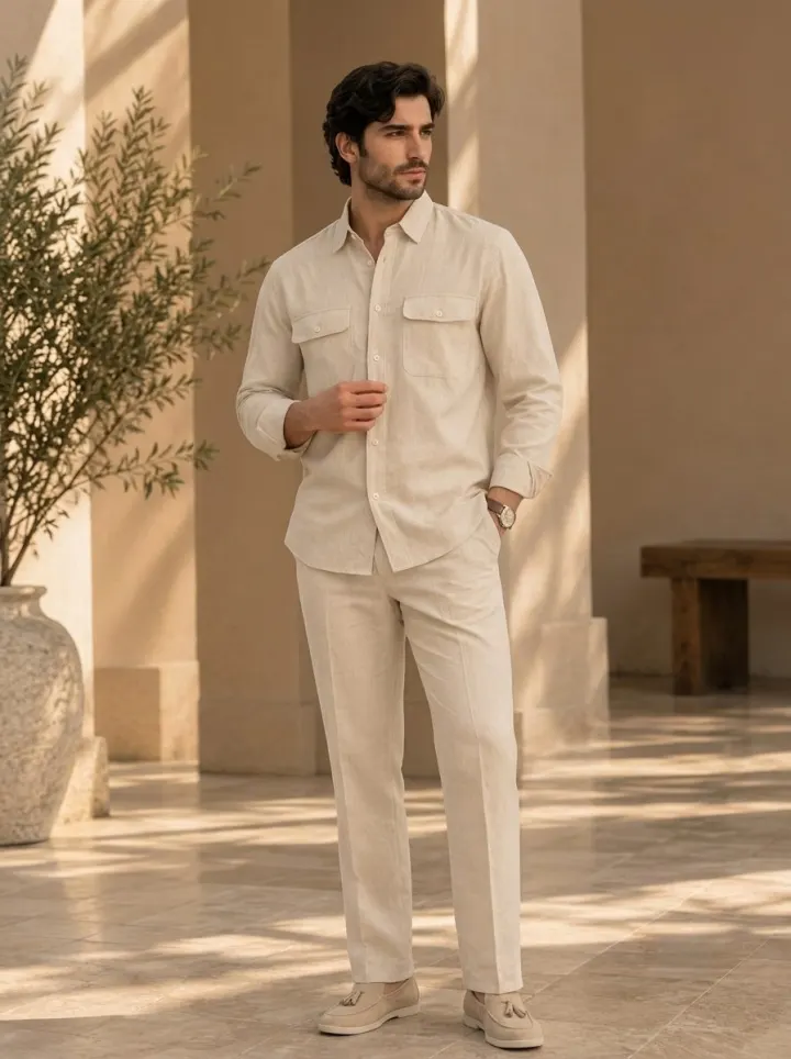Bemount Bemount Natural Linen Lounge Co-ord Set in Natural Flax, front view