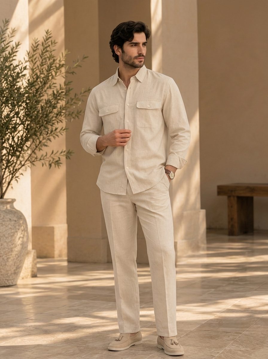 Bemount Natural Linen Lounge Co-ord Set in Natural Flax, front view