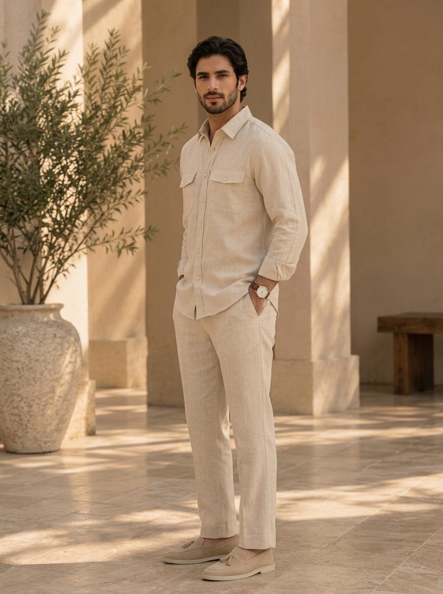 Bemount Natural Linen Lounge Co-ord Set in Natural Flax, three-quarter view