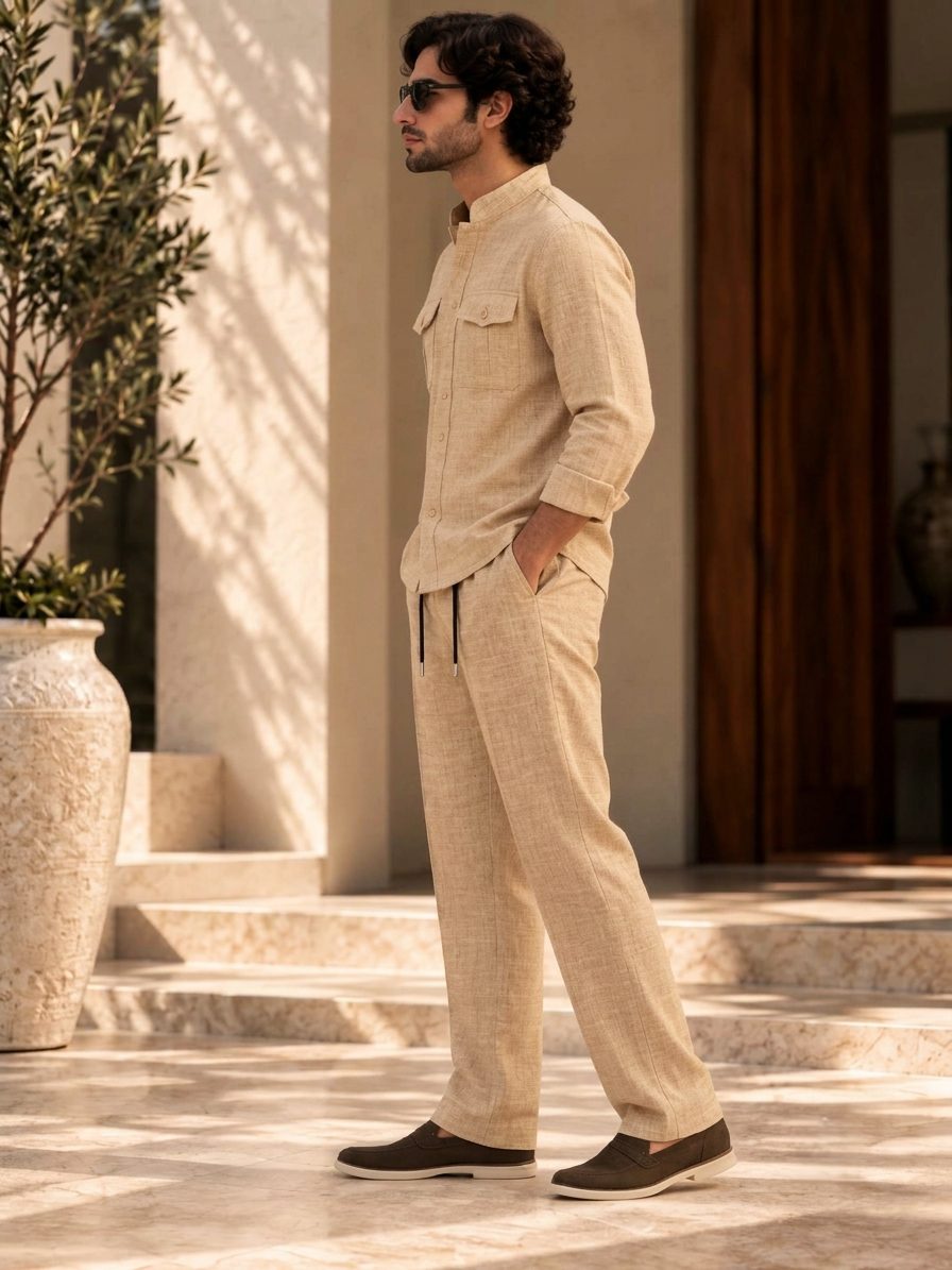 Bemount Sahil Linen Co-ord Set in Sand, side view
