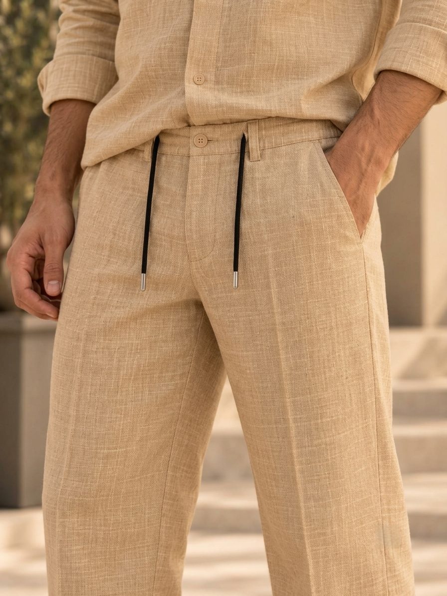 Bemount Sahil Linen Co-ord Set in Sand, drawstring waist