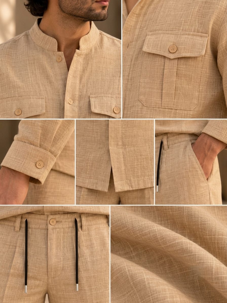 Bemount Sahil Linen Co-ord Set in Sand, collar, pocket, cuff and fabric details