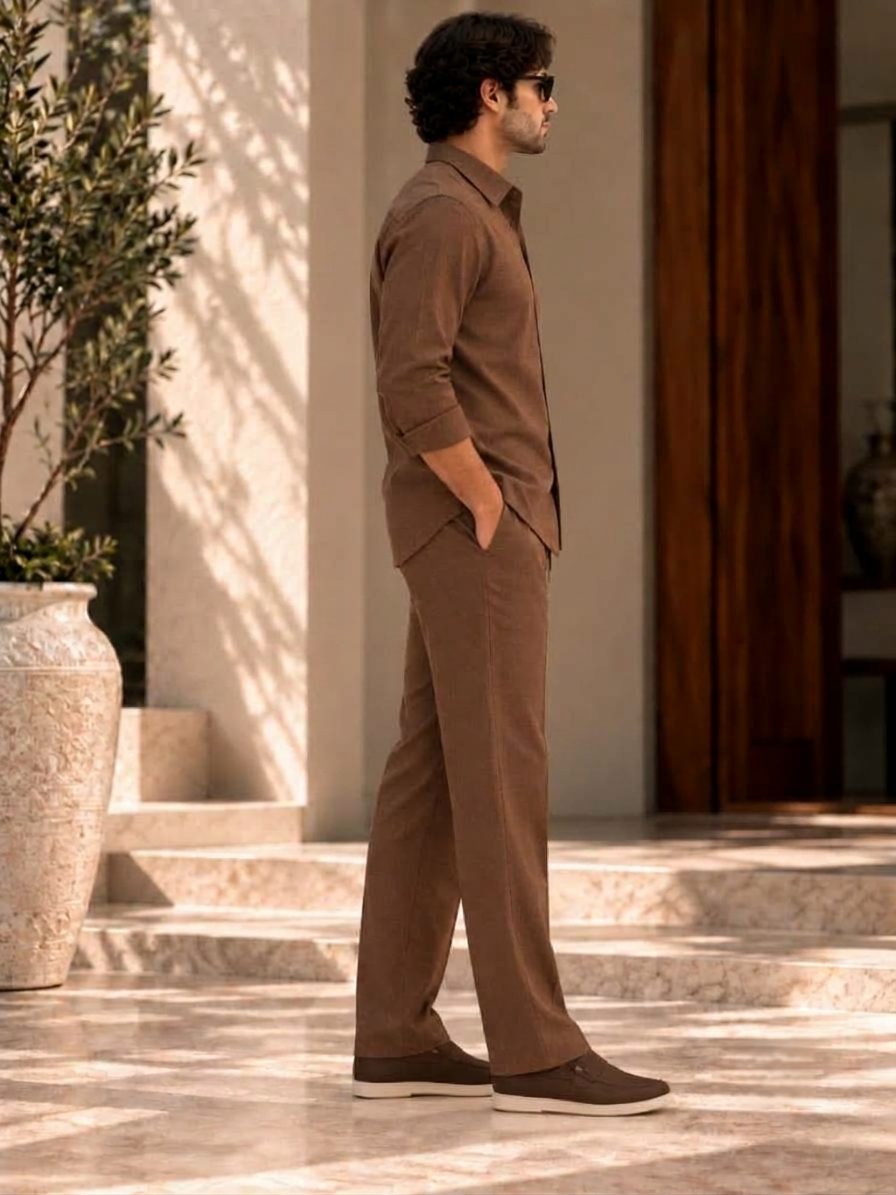 Bemount Varen Brown Linen Co-ord Set in Coffee Brown, side view