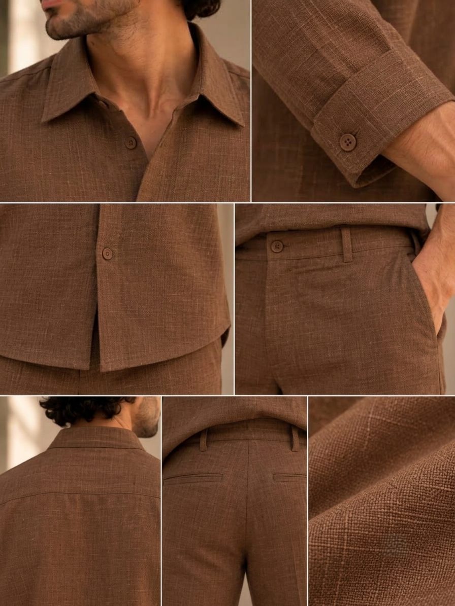 Bemount Varen Brown Linen Co-ord Set in Coffee Brown, collar, cuff, waistband and fabric details