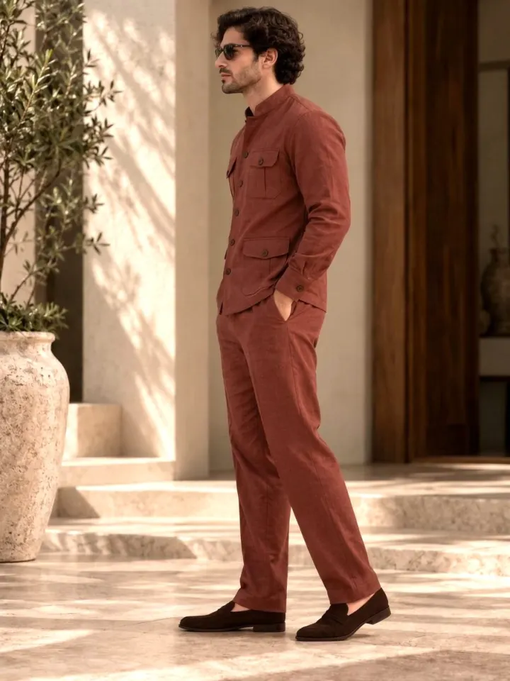 Bemount Bemount Varen Field Linen Co-ord Set in Brick Red, side view