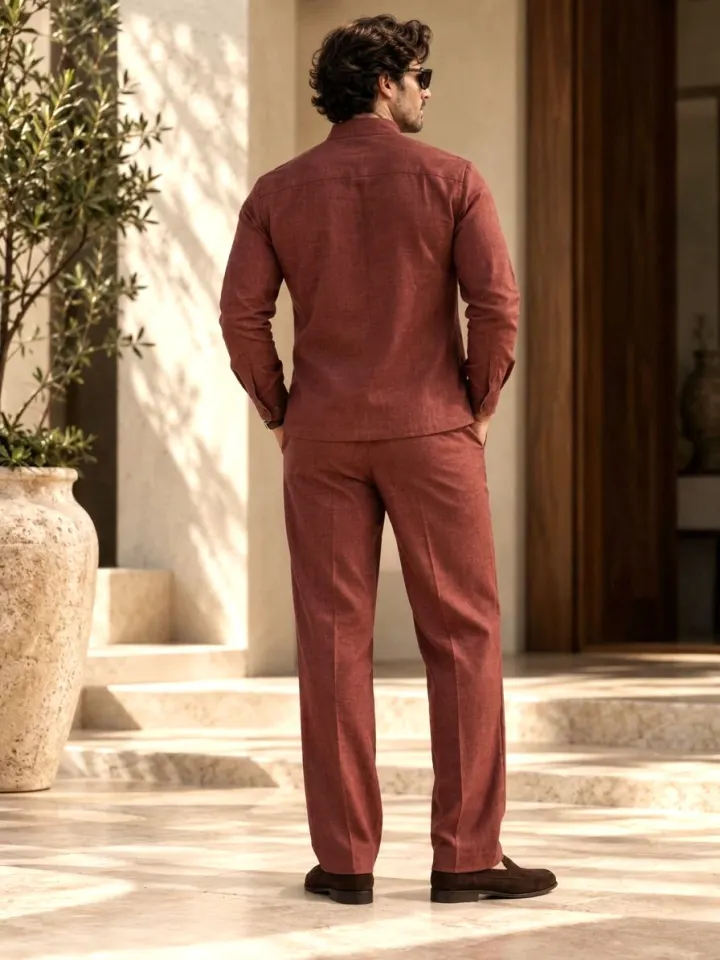 Bemount Bemount Varen Field Linen Co-ord Set in Brick Red, back view