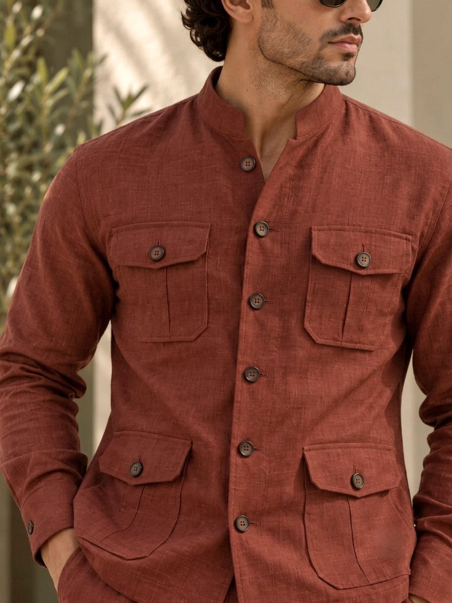 Bemount Varen Field Linen Co-ord Set in Brick Red, close-up of the four-pocket shirt