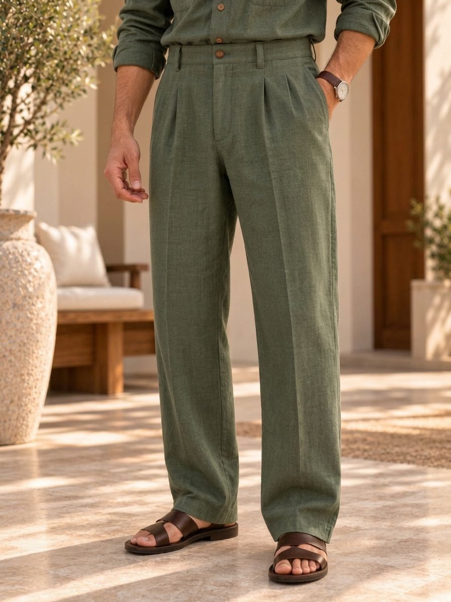 Bemount Ved Utility Linen Co-ord Set in Sage Green, pleated trousers