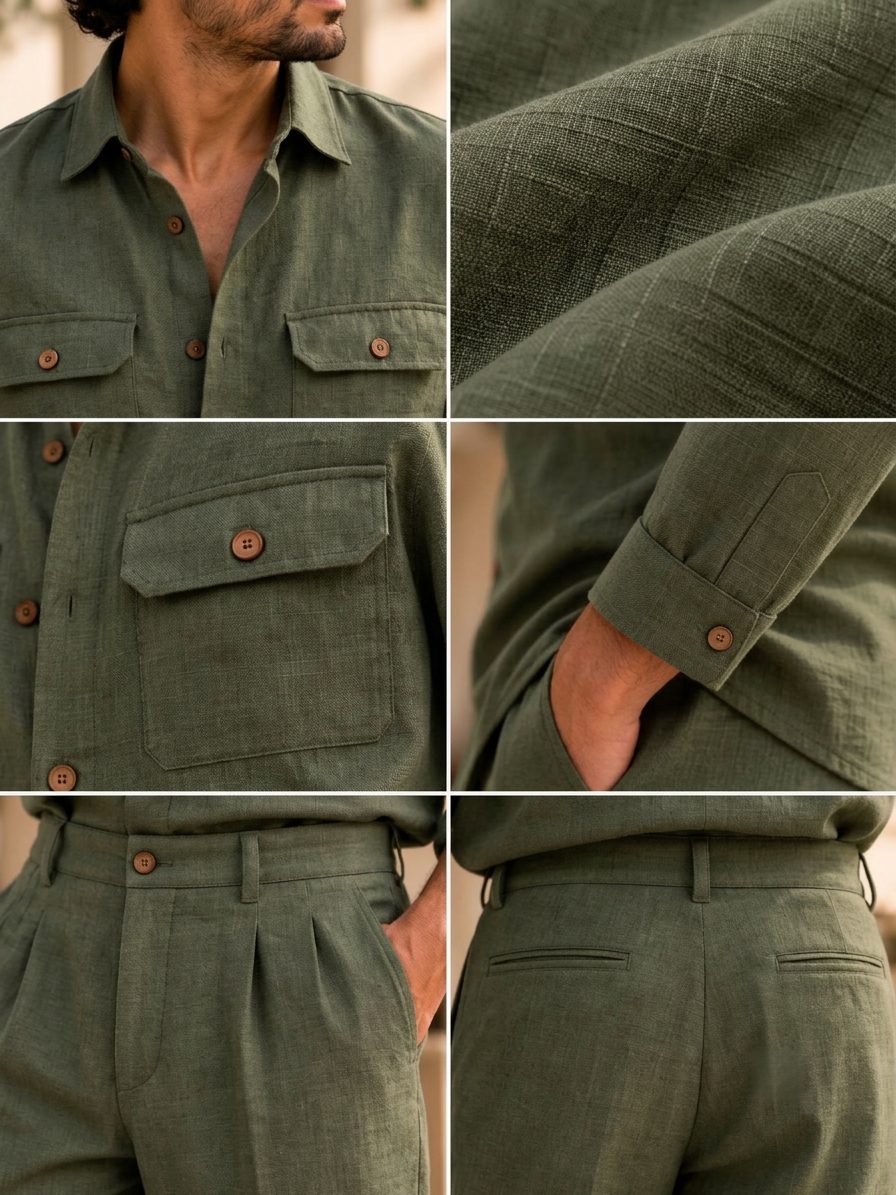 Bemount Ved Utility Linen Co-ord Set in Sage Green, collar, pocket, cuff and waistband details