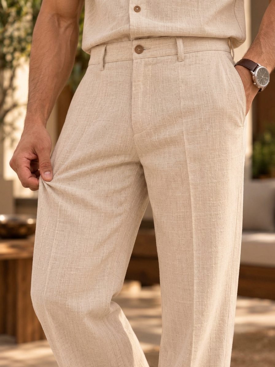 Bemount Zayn Resort Linen Co-ord Set in Oatmeal, trouser detail