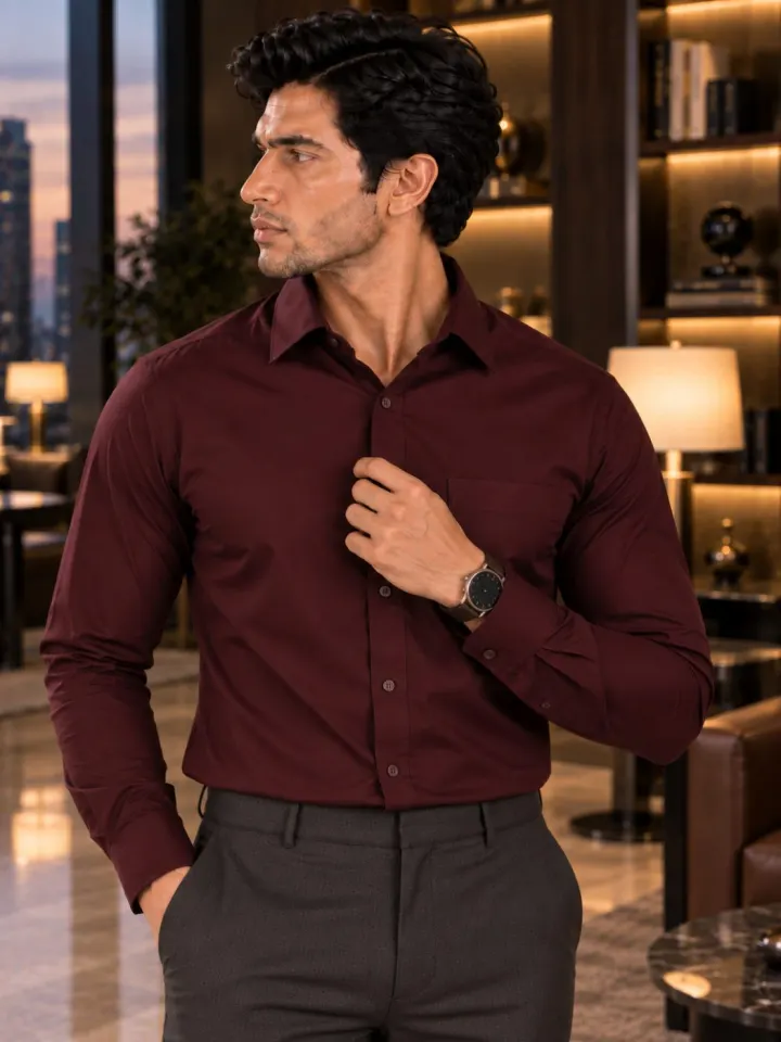 Bemount Bemount Deep Burgundy Poplin Shirt in Deep Burgundy, front view