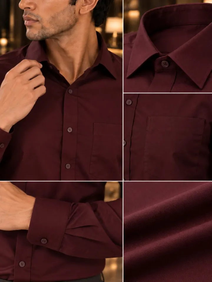 Bemount Bemount Deep Burgundy Poplin Shirt in Deep Burgundy, fabric and detail close-ups