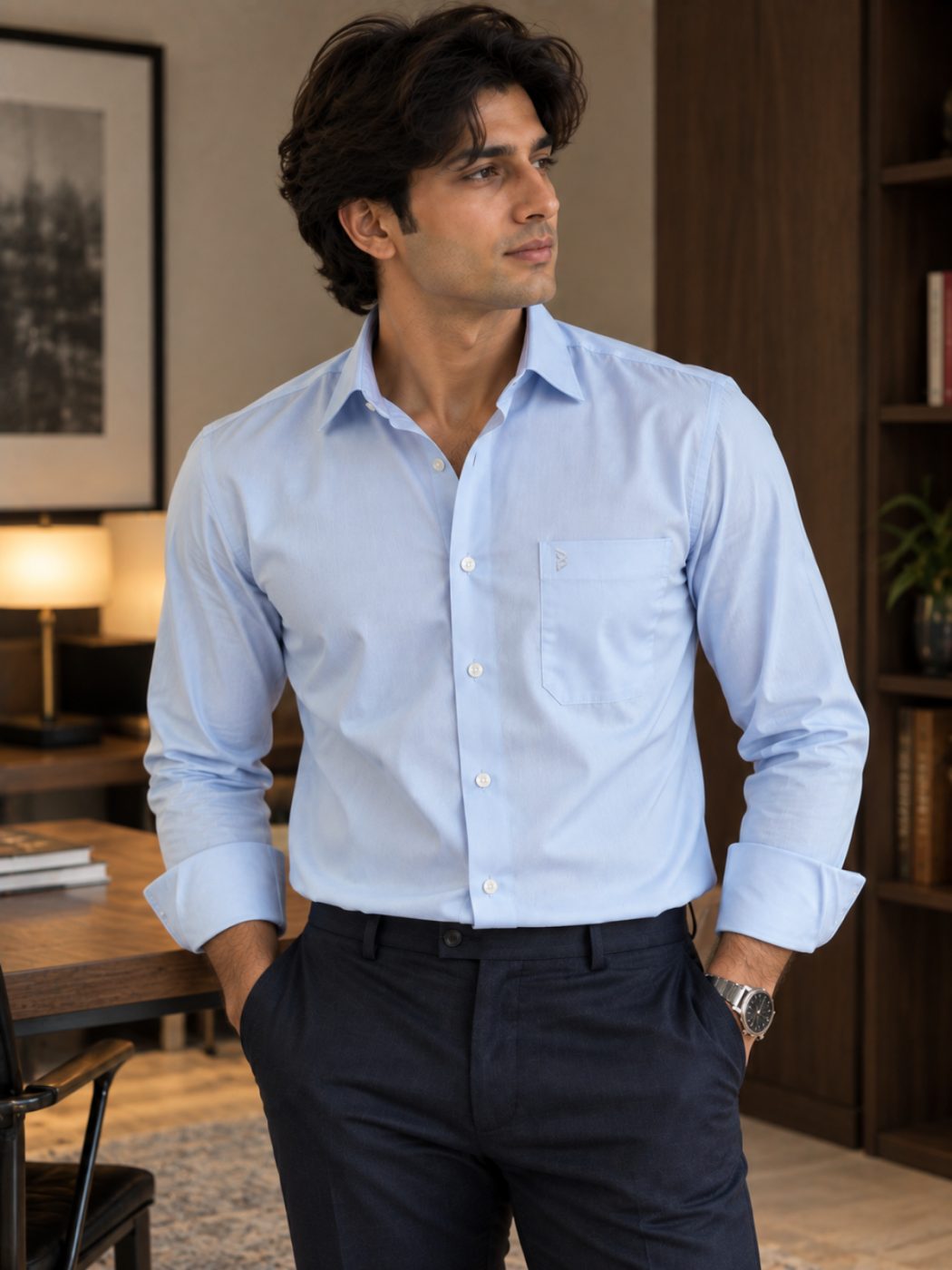 Bemount Bemount Sky Blue Poplin Shirt in Sky Blue, front view