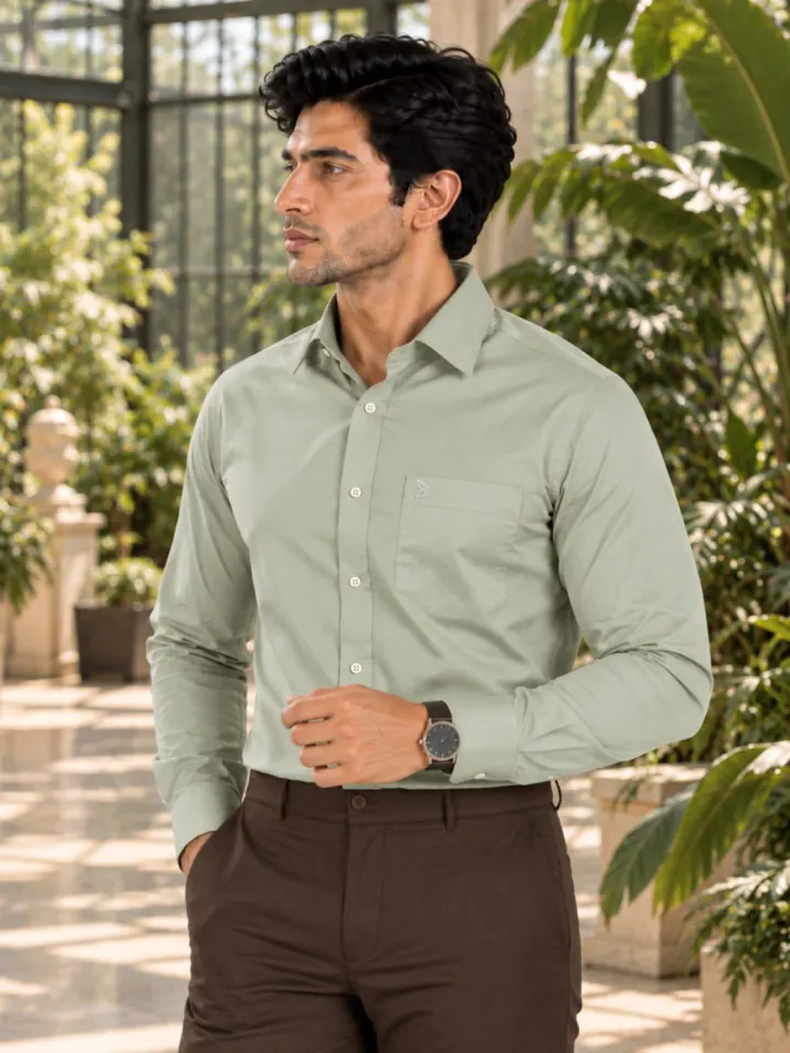 Bemount Bemount Soft Sage Green Poplin Shirt in Soft Sage Green, front view