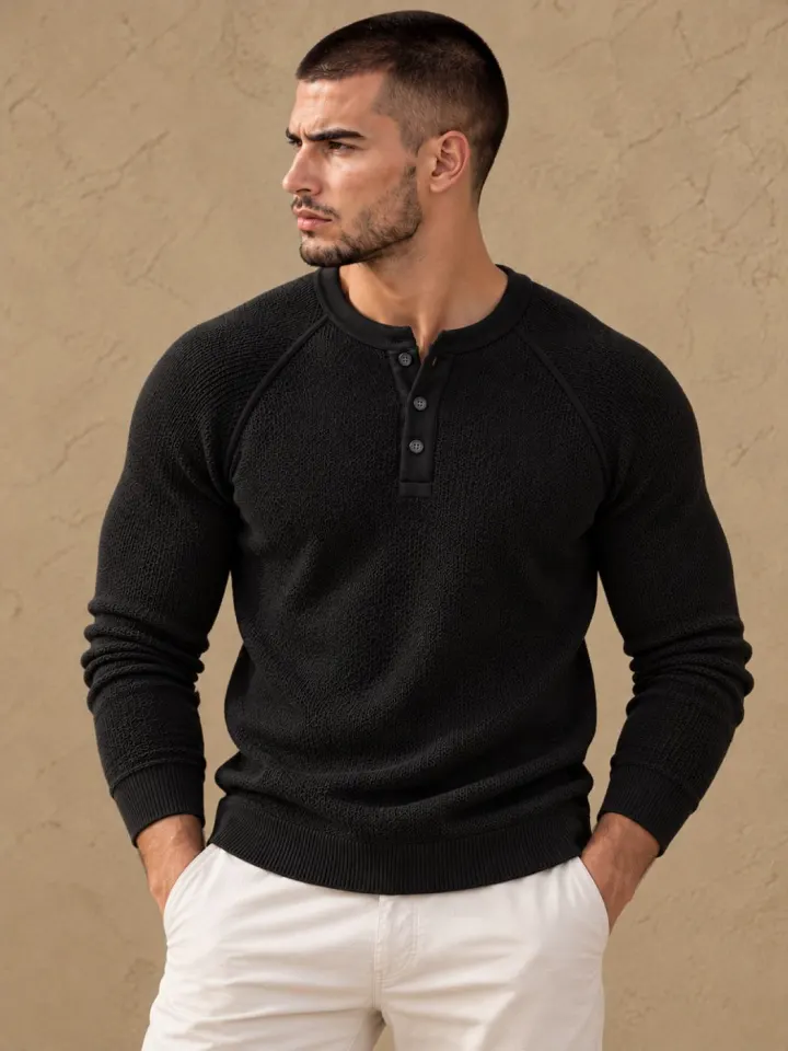 Bemount Bemount Black Birdseye Raglan Henley, front view