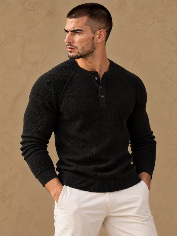 Bemount Bemount Black Birdseye Raglan Henley, view 3