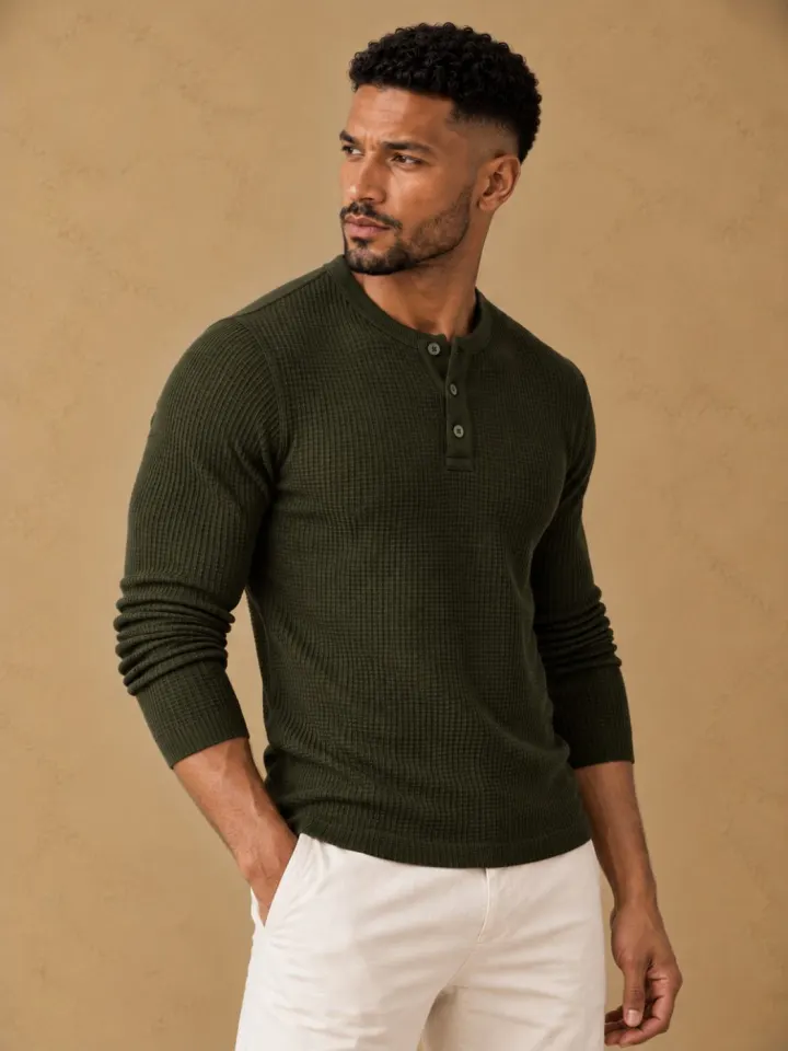 Bemount Bemount Deep Forest Olive Classic Textured Knit Henley, view 2