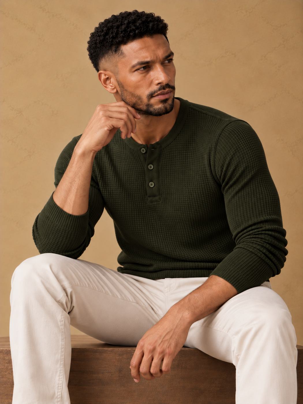 Bemount Bemount Deep Forest Olive Classic Textured Knit Henley, view 5
