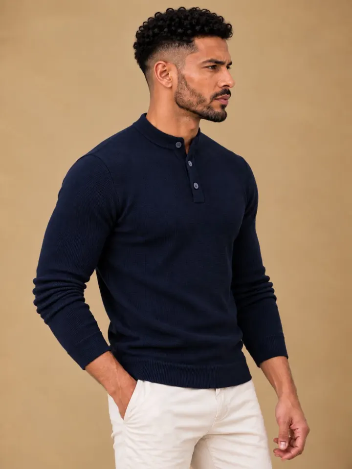 Bemount Bemount Midnight Navy Structured Band-Collar Henley, view 4