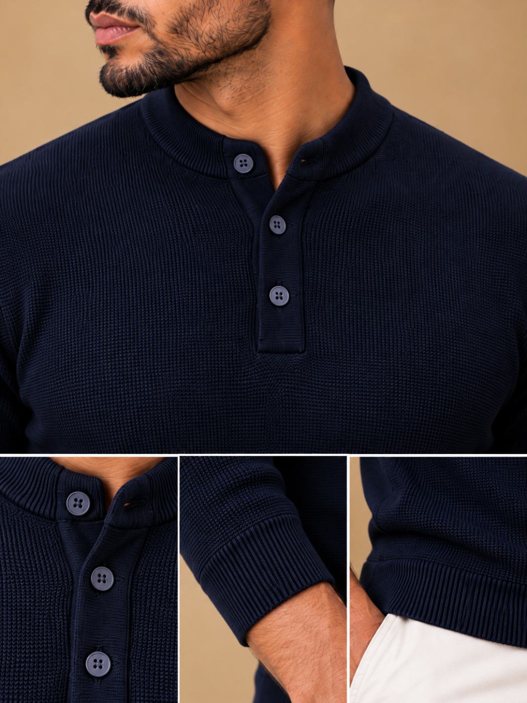 Bemount Bemount Midnight Navy Structured Band-Collar Henley, view 6