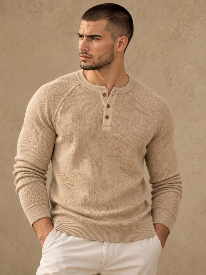 Bemount Bemount Sand Beige Birdseye Raglan Henley, front view