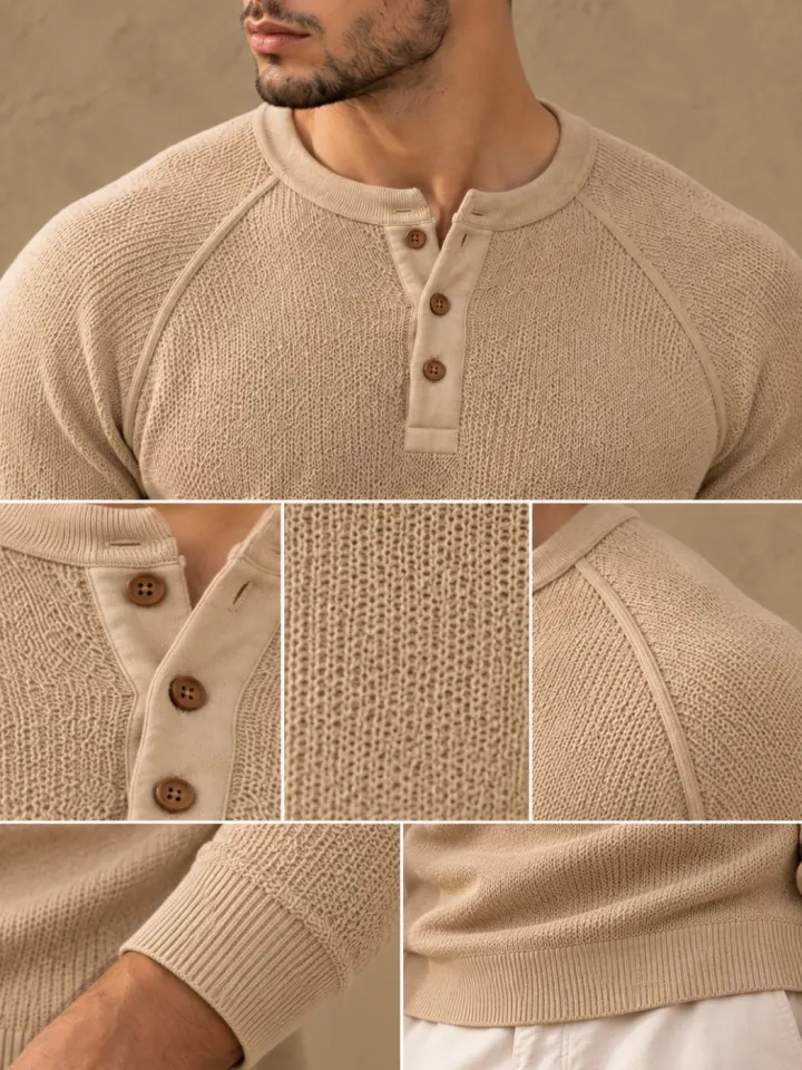 Bemount Bemount Sand Beige Birdseye Raglan Henley, view 6