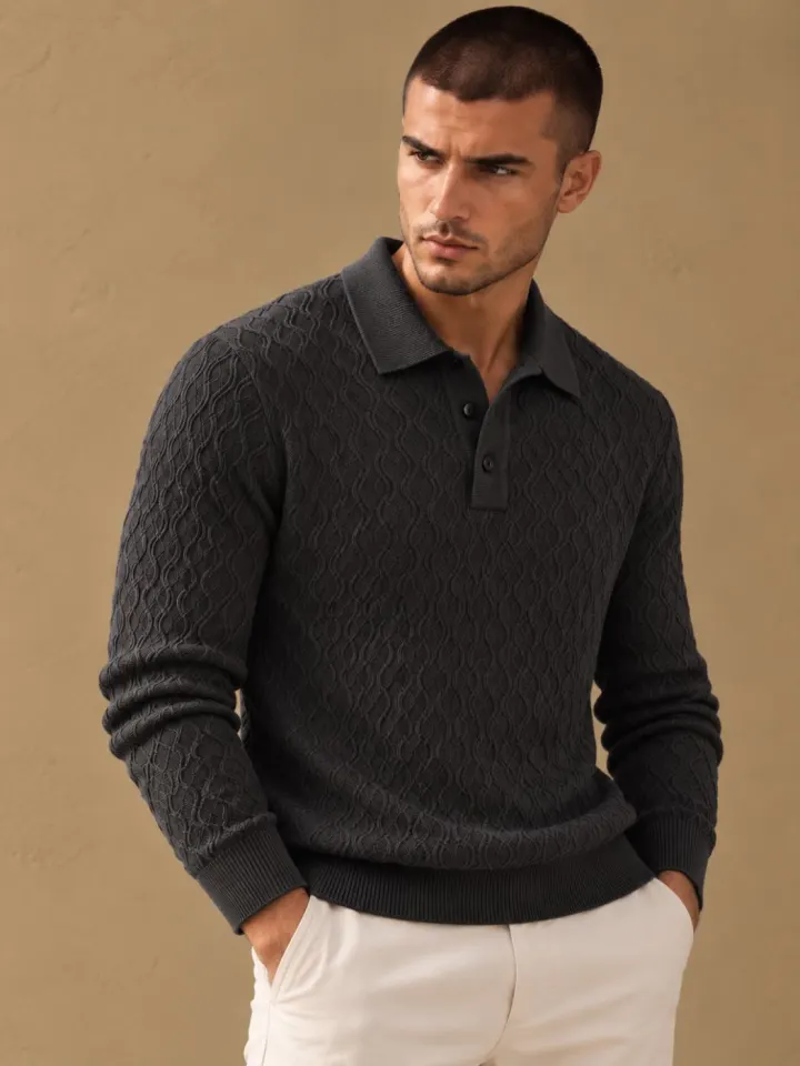 Bemount Bemount Charcoal Sculpted Wave Texture Knit Polo, front view