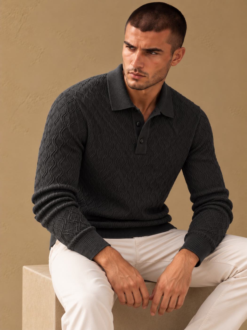 Bemount Bemount Charcoal Sculpted Wave Texture Knit Polo, view 5