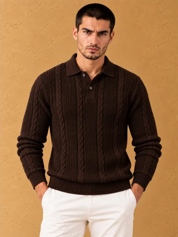 Bemount Bemount Dark Chocolate Cable-Knit Polo, front view