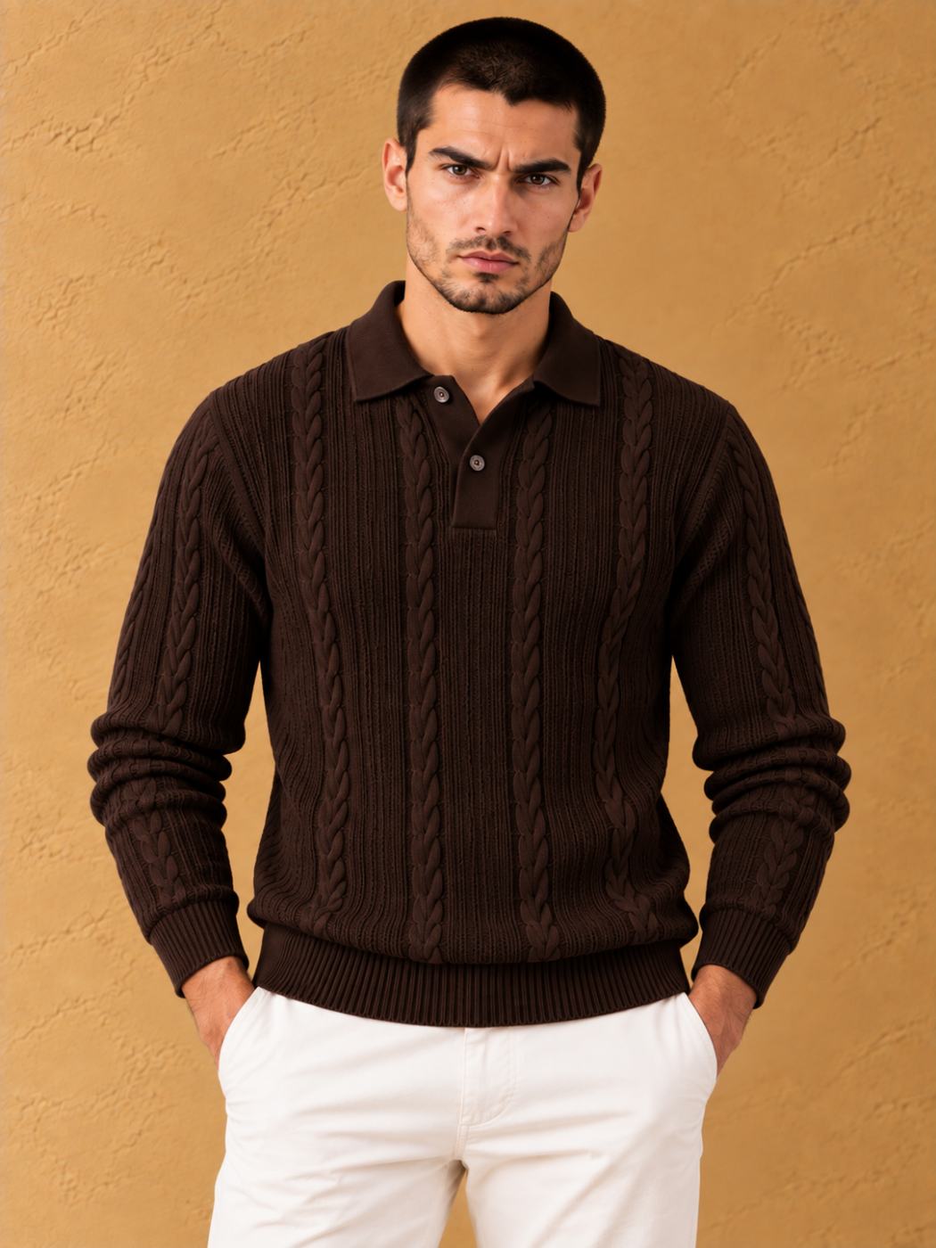 Bemount Dark Chocolate Cable-Knit Polo